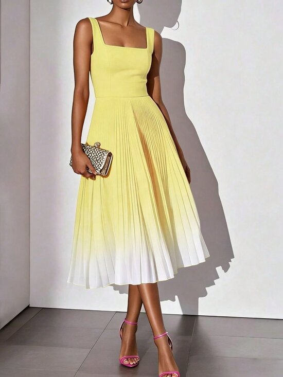 Dresses & Skirts - Yellow Elegant Women's Ombre Pleated Sleeveless Zipper Cocktail Dress